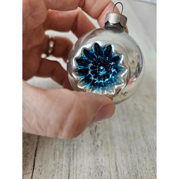 Antique double reflector indent silver mini glass ball ornament blue Xmas tree - Picture 3 of 7
